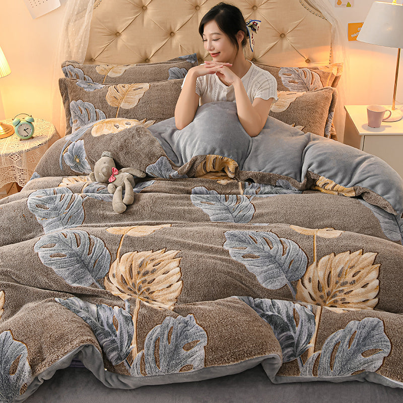 Coral Velvet Sheet Duvet Cover Double Sided Plus Velvet Thick Bedding Set