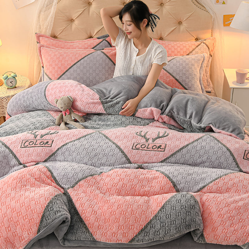 Coral Velvet Sheet Duvet Cover Double Sided Plus Velvet Thick Bedding Set
